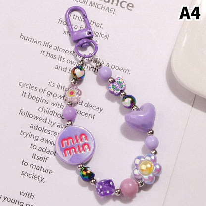 Acrylic Color-plated Heart Love Keychain Cute Flower Beaded Keyring Bag Pendant