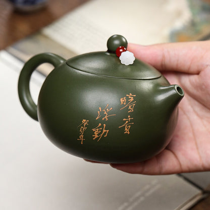 Handmade Tea Pot Marked Xishi Pot 9 Infuser Hole Flower Relief Yixing Zisha Clay