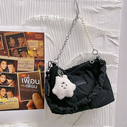 Heart Thread Bag Chain Shoulder Bag Zipper Beaded Handbag Black Brown White Pink