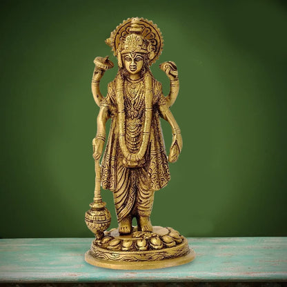 Hindu God Lord Brass Vishnu Narayan Holding Club Idol for Home Decor Figurine
