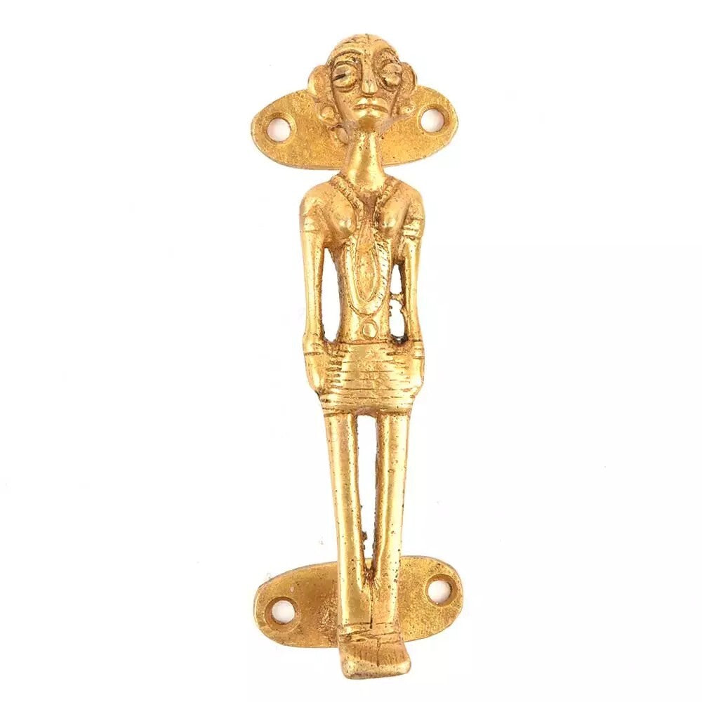Set of 2 Antique Look Golden Brass Carved Tribal Figurine Door Handles