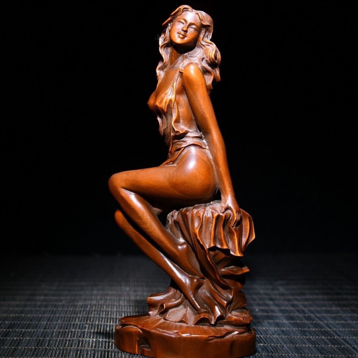 Chinese Boxwood Wood Carving Sexy Beautiful Woman Statue Wooden Sculpture Decor