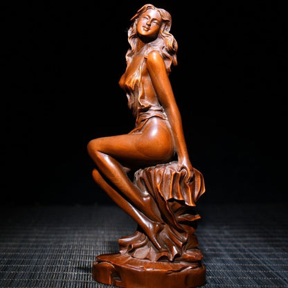 Chinese Boxwood Wood Carving Sexy Beautiful Woman Statue Wooden Sculpture Decor