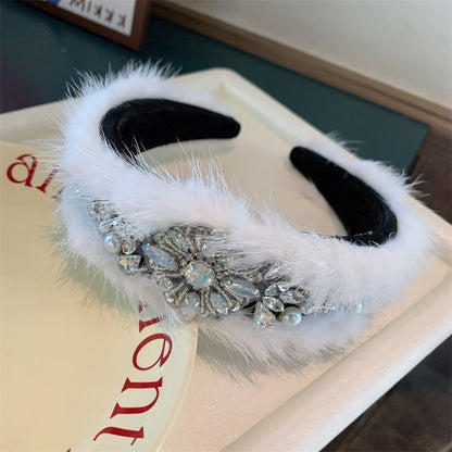 Women Headband Luxurious Faux Fur Crystal Hairband Casual Adult Hair Accessories