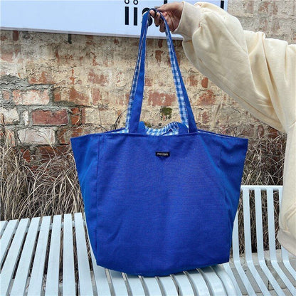 Canvas Bag Women Shoulder Bag Handbag Solid Plaid Shopper Large Double Side Bags
