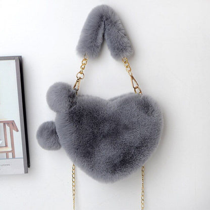 Faux Fur Winter Handbag Heart Shape Shoulder Bag Clutch Purse Chain Velvet Pouch