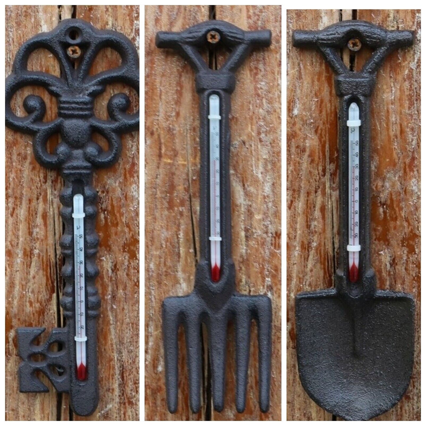 Home Wall Decoration Courtyard Decor Cast Iron Rake Key Thermometer 9.2x1x23.3cm