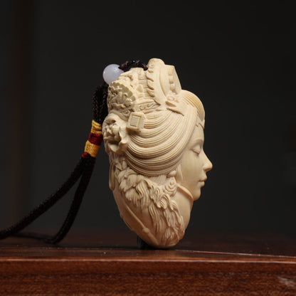 New Boxwood Carved Chinese Beauty Girl Statue Pendant