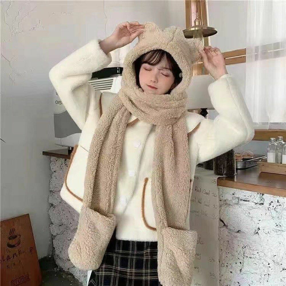 Cute Bear Ears Hat Scarf Gloves Set Balaclava Winter Bandana Velvet Fleece 225CM