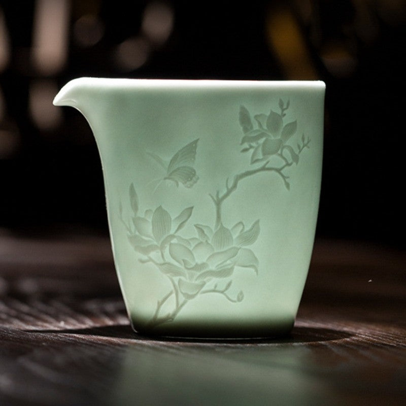 Boutique Tea Set Ceramic Gaiwan Floral Relief Porcelain Tea Cup Pitcher Orchid