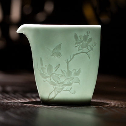 Boutique Tea Set Ceramic Gaiwan Floral Relief Porcelain Tea Cup Pitcher Orchid