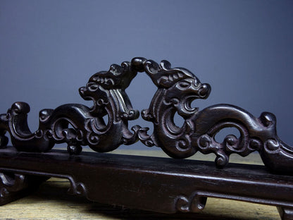 Chinese Natural Rosewood Hand-carved Double Dragons Pen Rack Statue