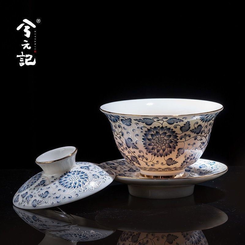 Chinese Blue White Gaiwan Porcelain Lidded Tea Bowl Saucer Gongfu Tea 165ml