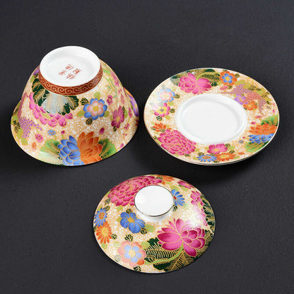 One Gaiwan + 4 Matching Tea Cups Handpainted Under Glaze Jingdezhen Craft Tureen