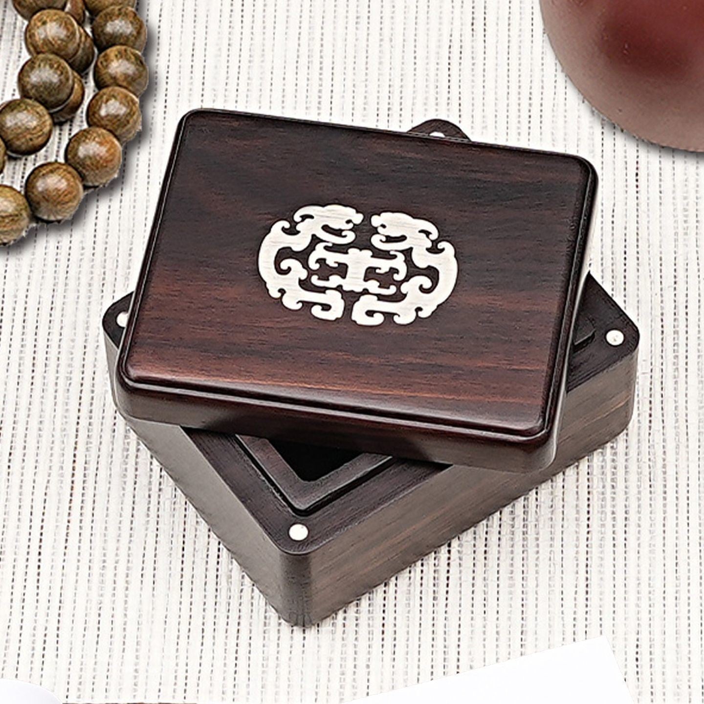 Purple Sandalwood Tea Caddy 68×58×38mm Silver Inlay Portable Sealed Wood Box