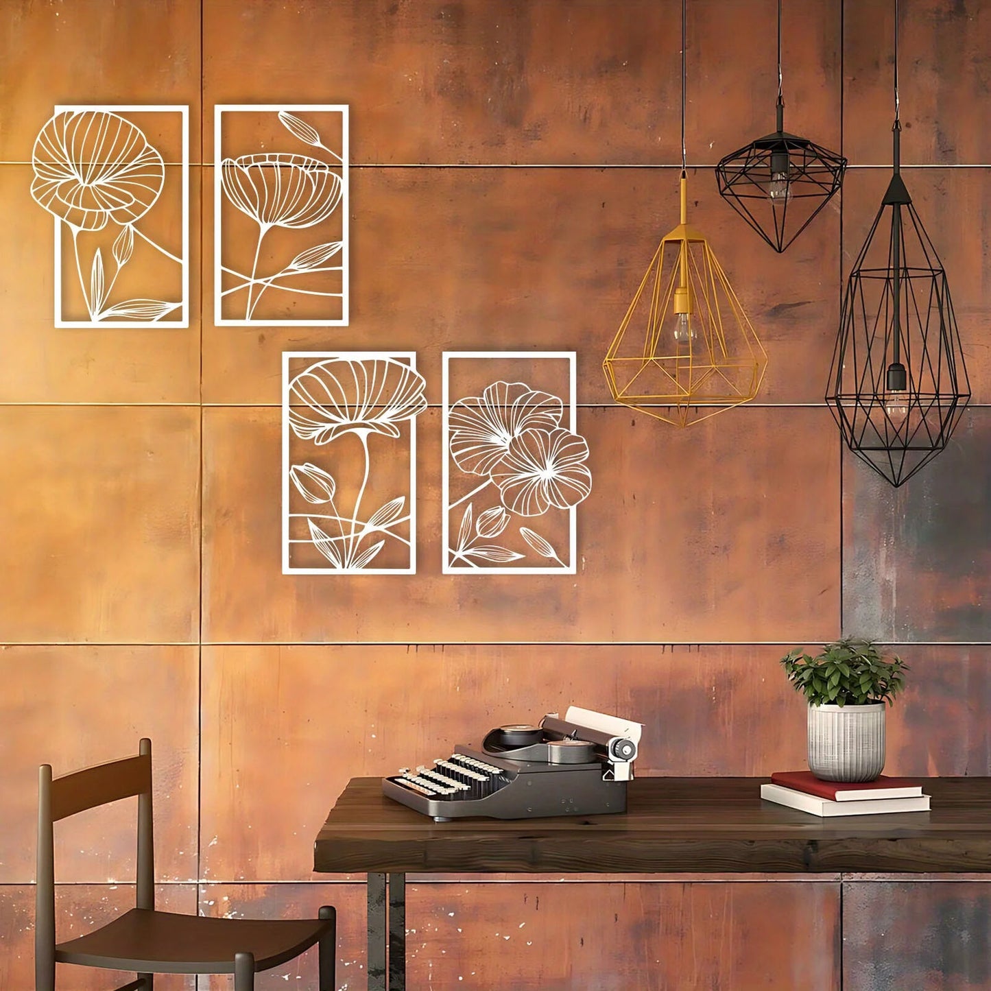 4 Piece Metal Lotus Flower Wall Decor, Floral Aesthetic Splicing Line Art