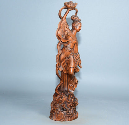 Chinese Wood Carving Beautiful Woman Fairy Boxwood Wooden Statue Vintage Carved