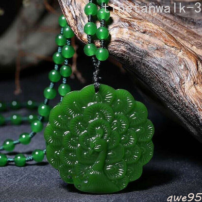 Natural Jade Carving Green Peacock Pendant Necklace