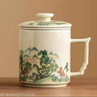 354ml Chinese Ceramic Yellow Glaze Landscape Tea Mugs Tea-water Separation Cups