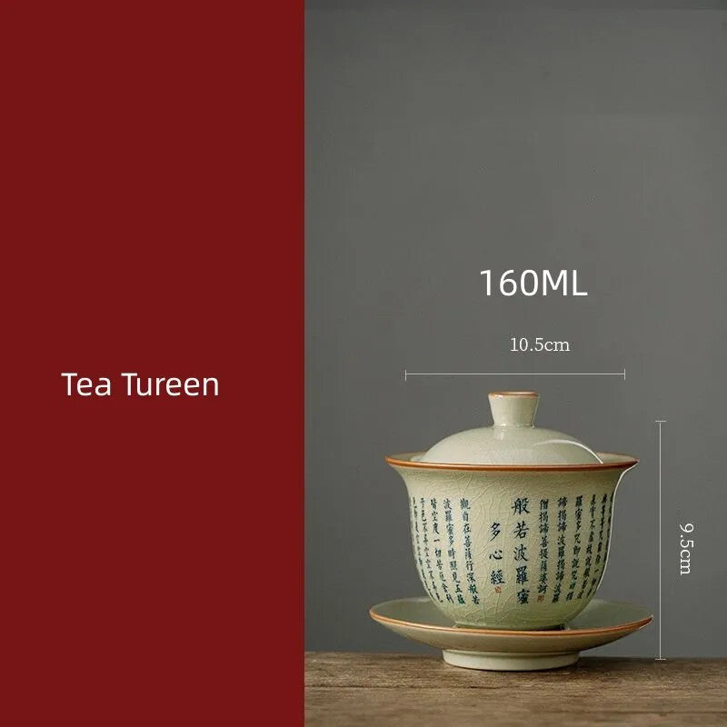 Retro Heart Meridian Tea Tureen Ru Kiln Ceramic Bowl Gaiwan Teaware Set Tea Cup