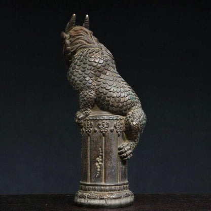 9" Old Dynasty Copper Feng Shui Kylin Unicorn Qilin Chi-lin Dragon Beast Statue