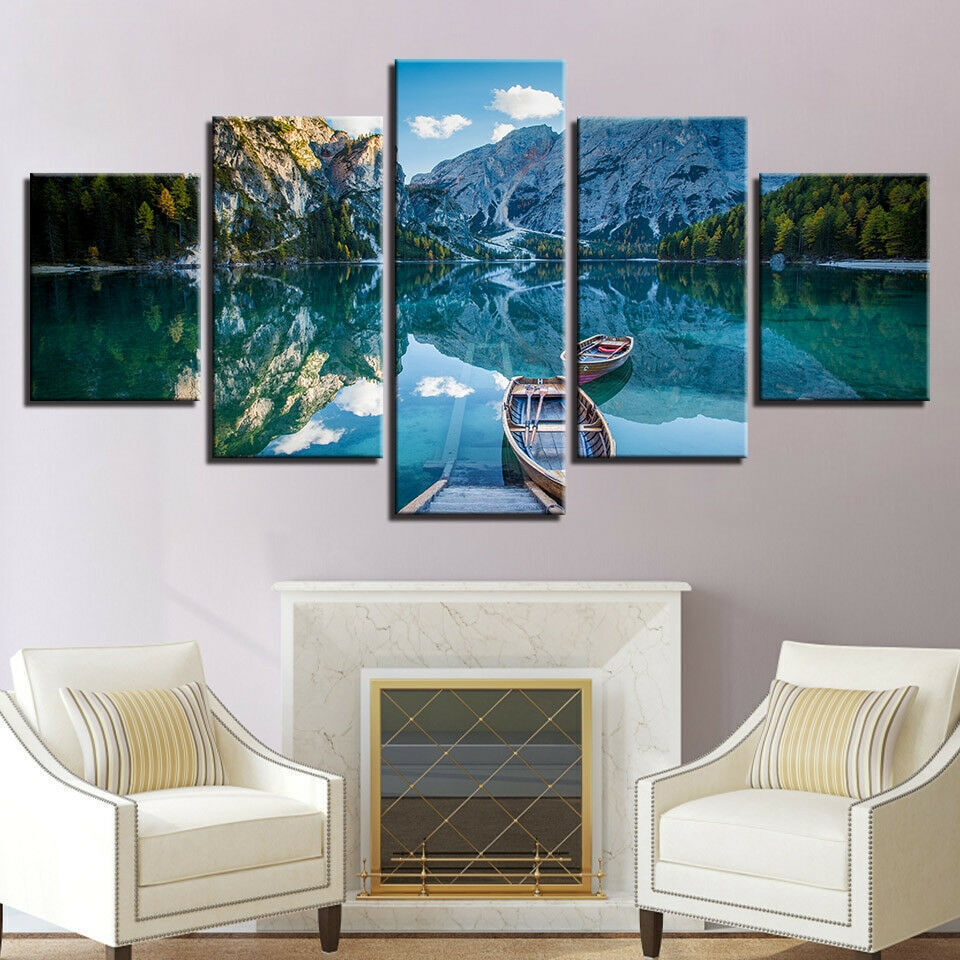 Mountain Forest Lake Boats Landscape Canvas Prints Painting Wall Art Home Decor