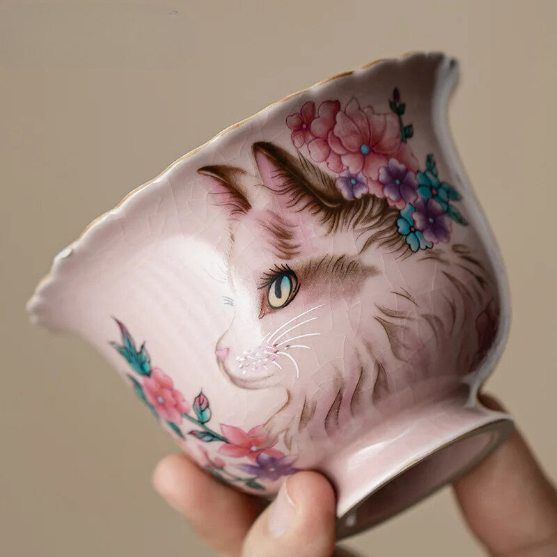 Pink Ru Kiln Flower Cat Gaiwan Tea Tureen Tea Cup Tea Maker Kung Fu Tea Set