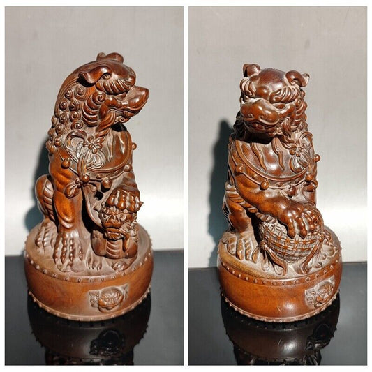 A Pair vintage wood carving room decor wooden Boxwood lion statue car decoration