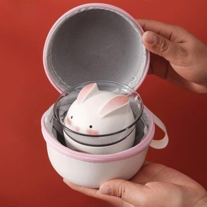 Chinese Tea Set Porcelain Tea Cup Rabbit Design Glass Pitcher Portable Bag Gift