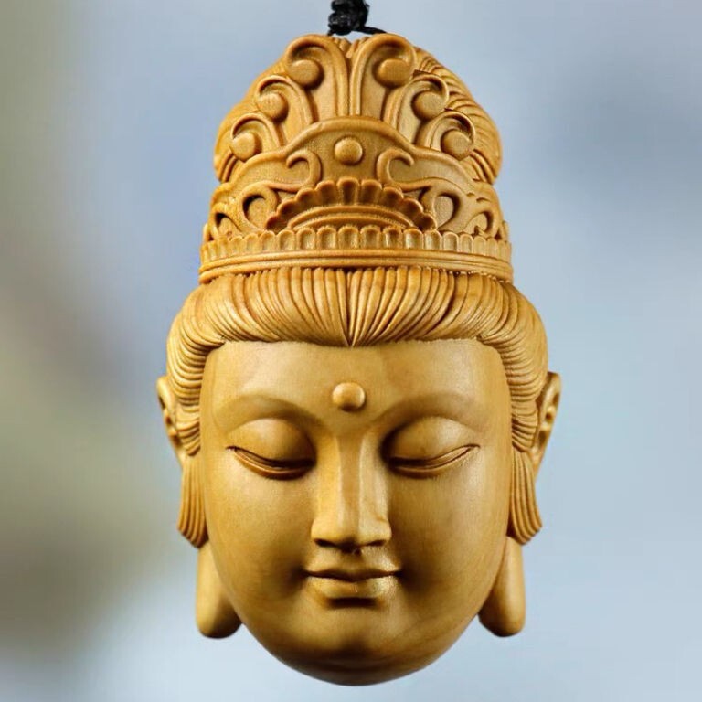 2.3" Natural Wood Carving Artware Avalokitesvara Pendant Men Lucky Hand Statue