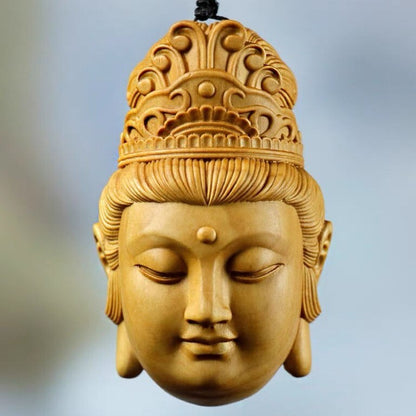 2.3" Natural Wood Carving Artware Avalokitesvara Pendant Men Lucky Hand Statue