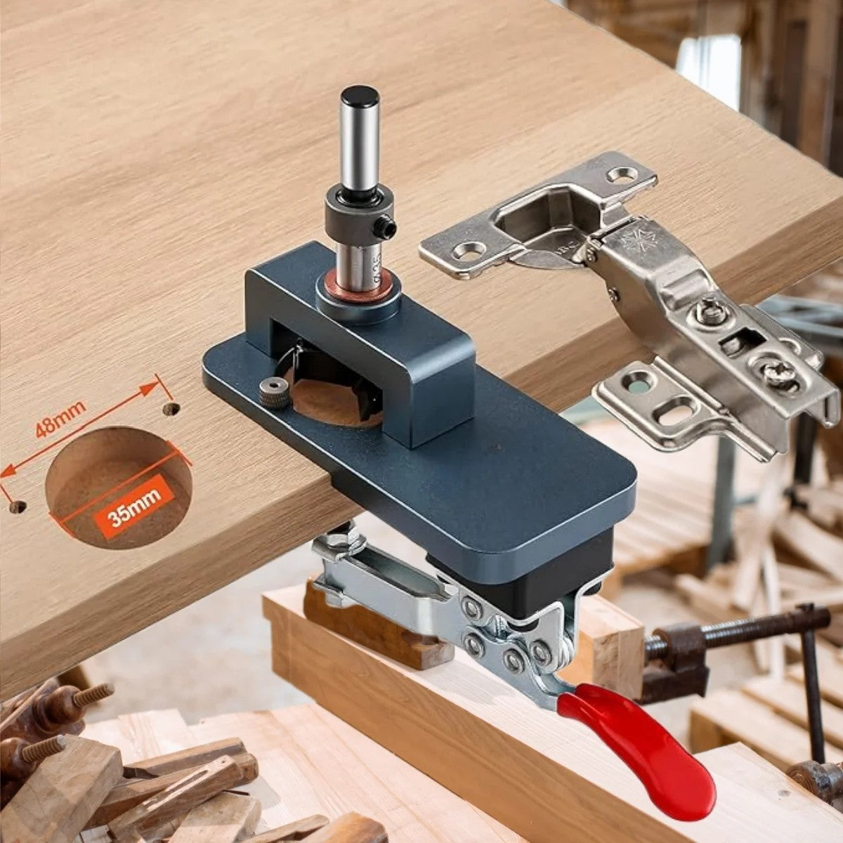 35mm Hinge Jig - Precise Boring Guide with Adjustable Edge & Quick Clamp