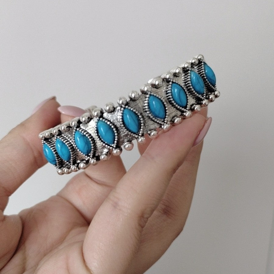 Miao Ethnic Silver Cuff Bracelet Faux Turquoise Boho Vintage Carved Open Bangle