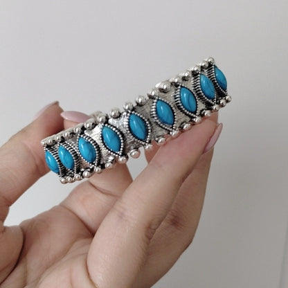 Miao Ethnic Silver Cuff Bracelet Faux Turquoise Boho Vintage Carved Open Bangle