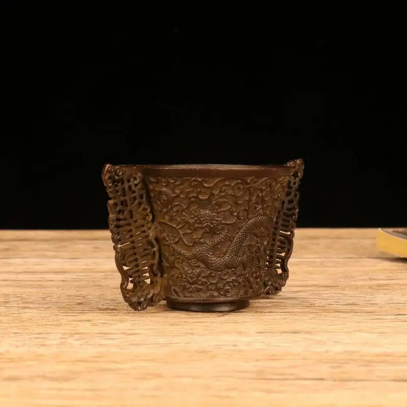 Old Chinese Dynasty Bronze Animal Loong Dragon Phoenix Bird Tea Cup Bowl