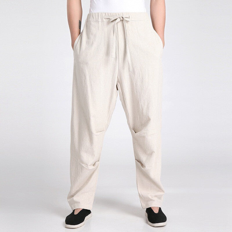 Men Chinese Kung Fu Pants Martial Art Linen Tang Suit Trouser Elastic Waist Long