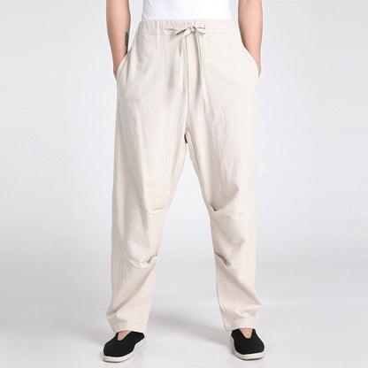 Men Chinese Kung Fu Pants Martial Art Linen Tang Suit Trouser Elastic Waist Long