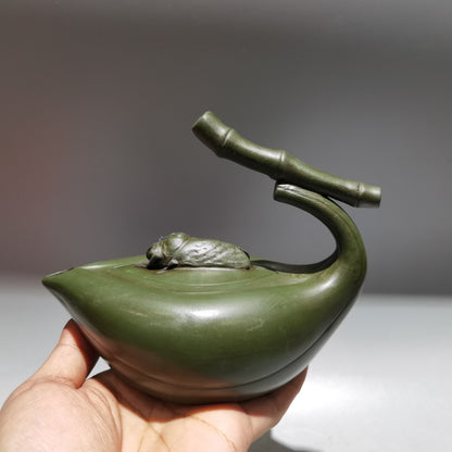 6.2"chinese Yixing Zisha Pottery Green Clay 280cc Hand Made Bamboo Cicada Teapot