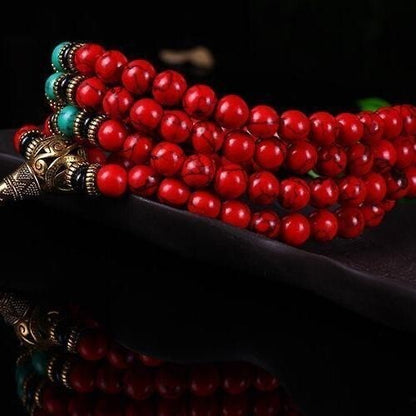 108 Prayer Beads Tibet Buddhist Red Howlite Turquoise Mala Necklace--8mm