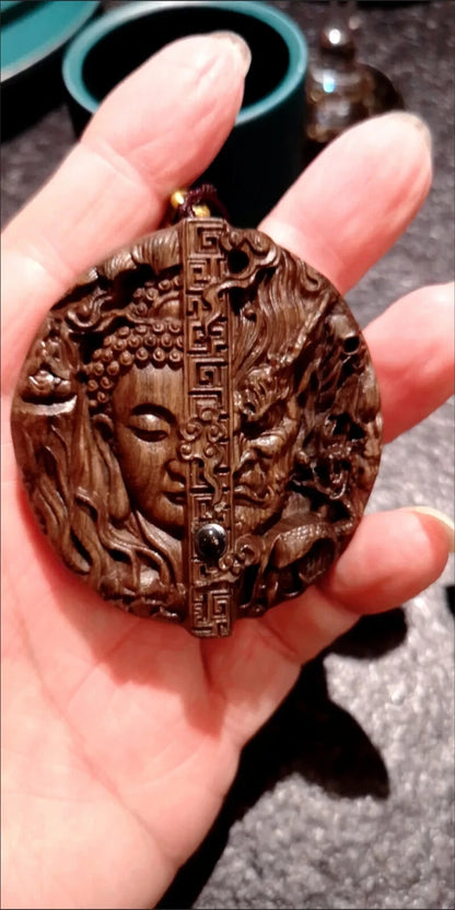 Natural Wood Carving Buddha Demon Pendant Men Woman Lucky Gift Sweater Necklace