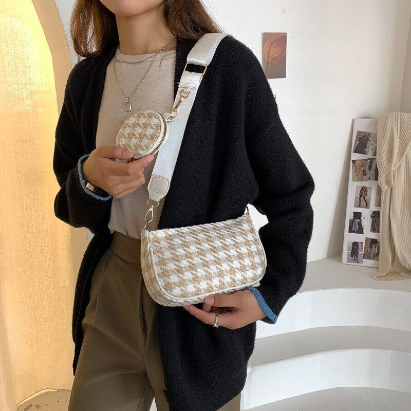 Vintage Plaid Print Shoulder Bag Round Purse Casual Small Crossbody Bags 2 pcs