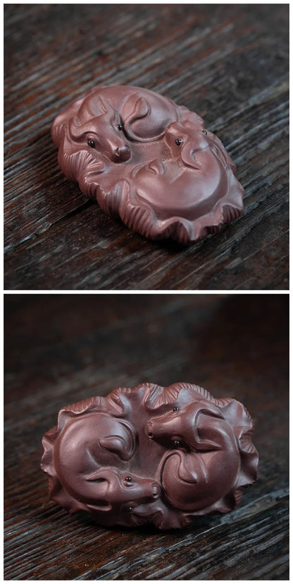 Chinese Yixing Sculpture Purple Clay Tea Pet Statue Handmade Tea Figurine