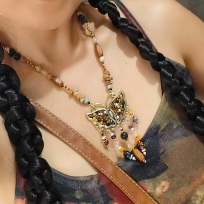 Natural Stone Butterfly Necklace Bohemian Retro Chinese Style Women Handmade