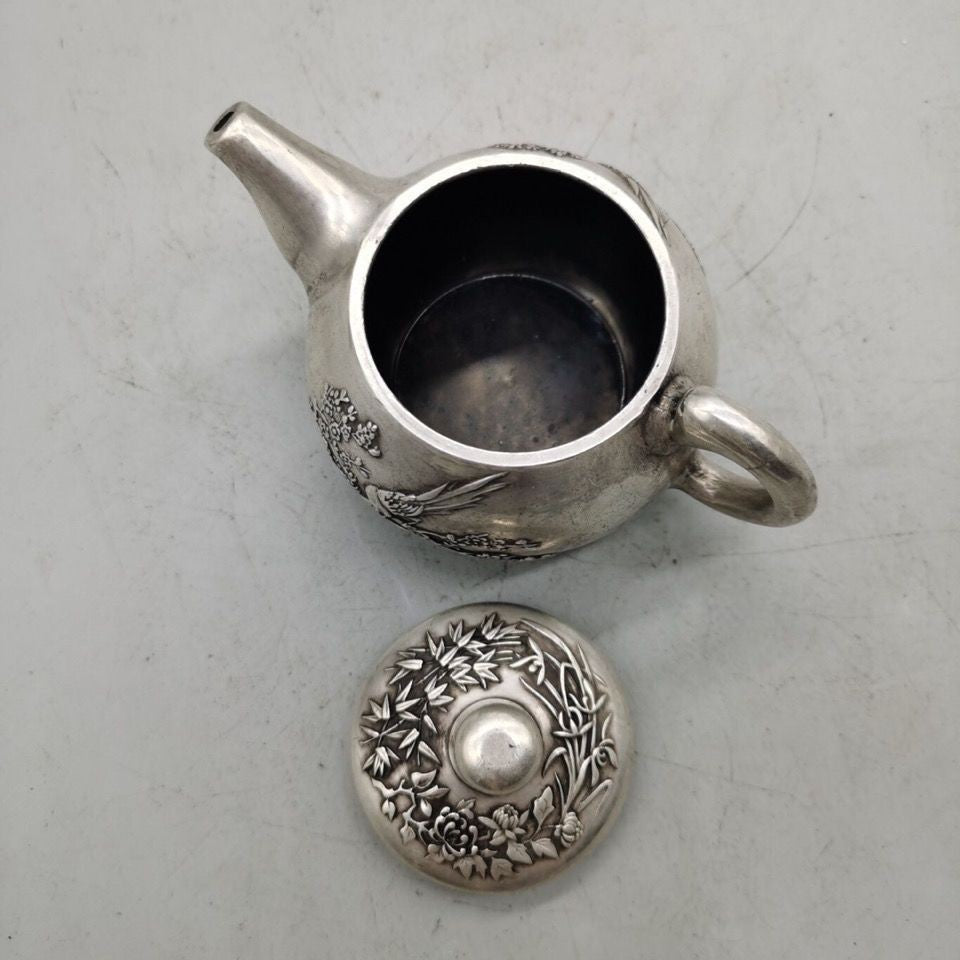 Vintage Silver Plated Copper Teapot Handmade Magpie Motif