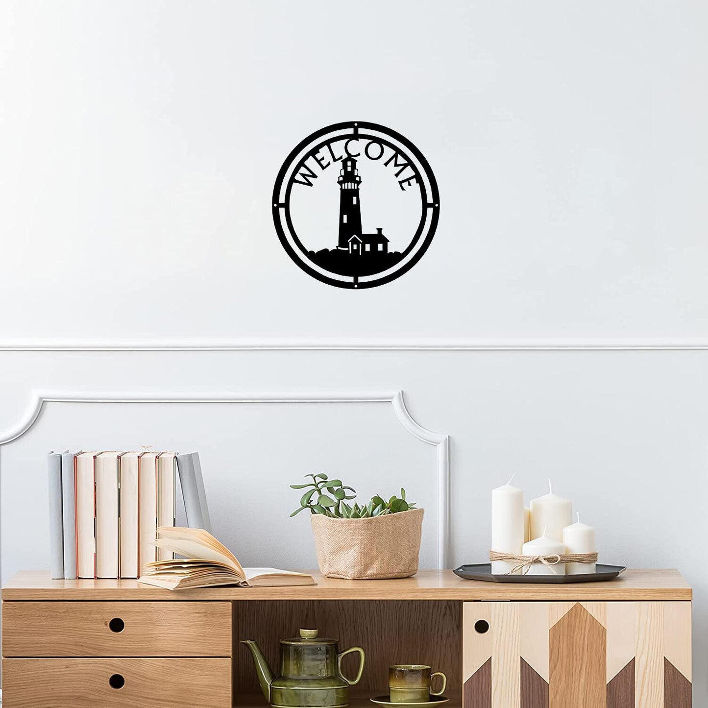 Lighthouse Welcome Sign - 12.5" Round Metal Wall Art