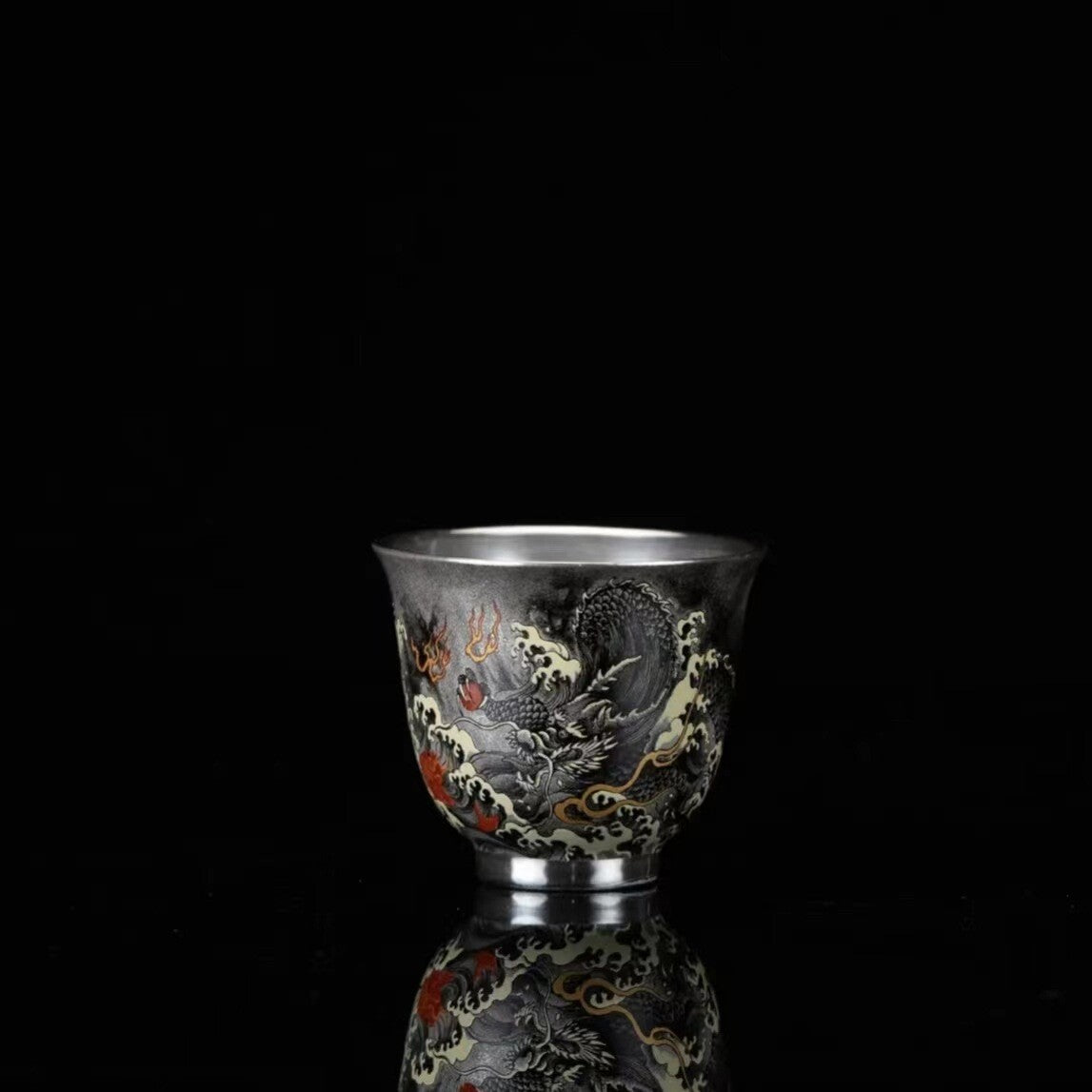 Chinese Tea Set Dragon Design Pure Silver + Porcelain Gaiwan Pitcher Tea Cup Mat