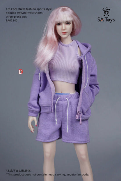 1/6 Female Sports Style Hooded Sweatshirt Tank Top Shorts F 12”ph Action Body