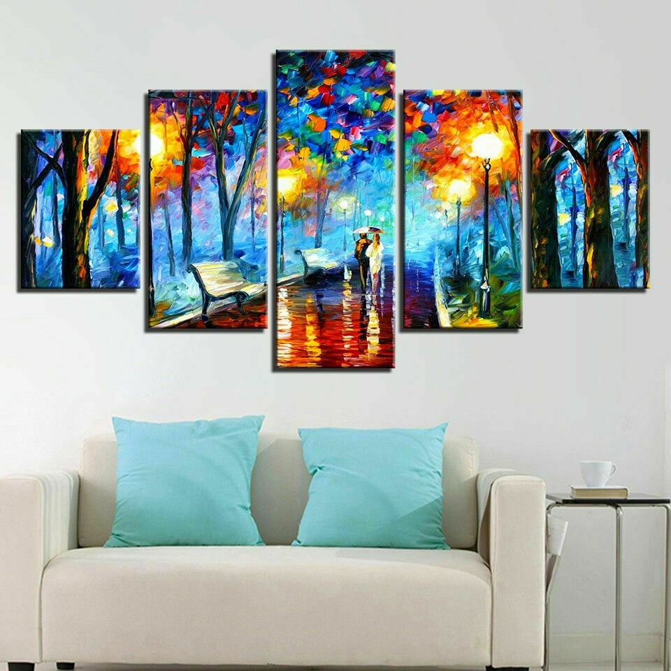 Abstract Rainy Night Park Walking Couple Canvas Print Painting Wall Art Decor 5P