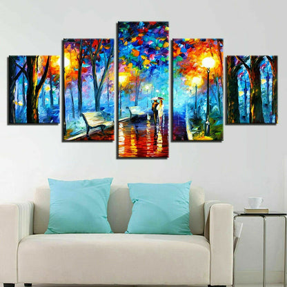 Abstract Rainy Night Park Walking Couple Canvas Print Painting Wall Art Decor 5P