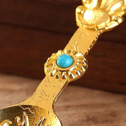 4.84" Golden Buddhist Spoon Inlaid Gem Alloy Auspicious Tibetan Buddhism